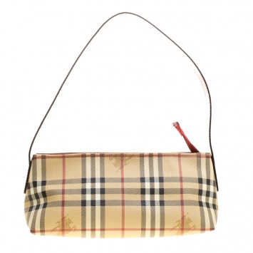 Pre Owned Burberry Beige/Red Haymarket Check Coated Canvas Shoulder Bag