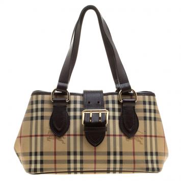Pre Owned Burberry Beige/Dark Brown Haymarket Check Coated Canvas Shoulder Bag