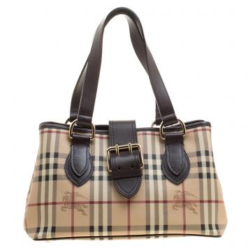 Pre Owned Burberry Beige/Dark Brown Haymarket Check Coated Canvas Shoulder Bag