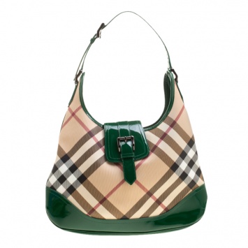Pre Owned Burberry Beige/Green Nova Check PVC and Patent Leather Brooke Hobo