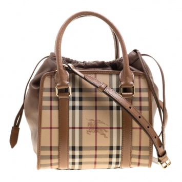 Pre Owned Burberry Beige/Camel Haymarket Check Coated Canvas and Leather Dinton Small Tote