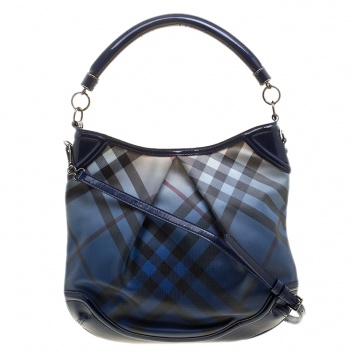 Pre Owned Burberry Jet Blue Nova Pop Check PVC and Patent Leather Medium Craigwell Hobo 