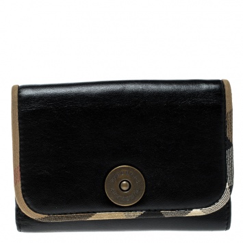 Pre Owned Burberry Black Leather and Fabric Trim Wallet