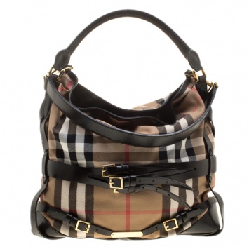 Pre Owned Burberry Beige/Black House Check Canvas and Leather Medium Bridle Gosford Hobo