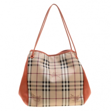Pre Owned Burberry Orange Haymarket Check Coated Canvas Small Knots Canterbury Tote