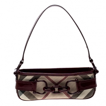 Pre Owned Burberry Beige/Red Nova Check Coated Canvas Pochette Shoulder Bag
