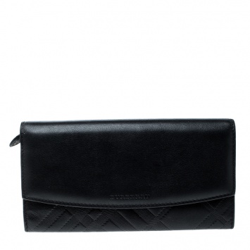 Pre Owned Burberry Black Leather Continental Wallet 
