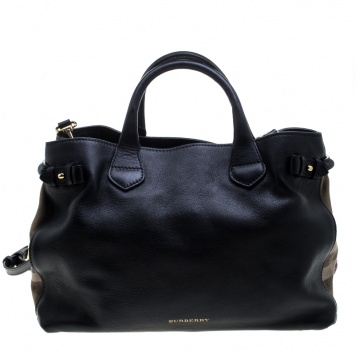 Pre Owned Burberry Black Leather and House Check Fabric Medium Banner Tote
