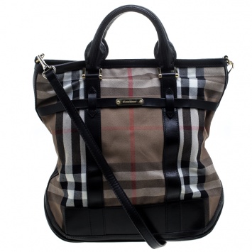 Pre Owned Burberry Beige/Black House Check Canvas and Leather Tote