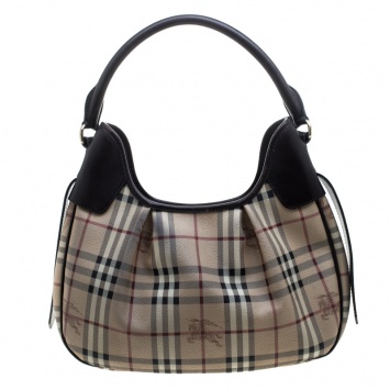 Pre Owned Burberry Beige/Brown Haymarket Check PVC and Leather Brooklyn Hobo