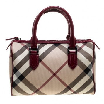 Pre Owned Burberry Beige/Raspberry Nova Check PVC and Patent Leather Chester Boston Bag