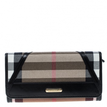 Pre Owned Burberry Beige/Black House Check Fabric Leighton Continental Wallet