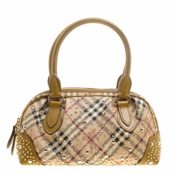 Pre Owned Burberry Beige Haymarket Check PVC and Leather Studded Satchel
