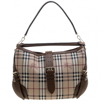 Pre Owned Burberry Beige/Brown Haymarket Check PVC and Leather Stitched Dunloe Hobo