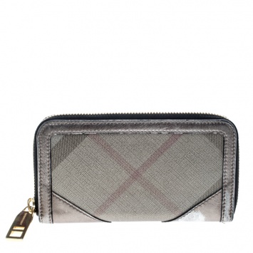 Pre Owned Burberry Grey Nova Check PVC and Leather Zip Around Wallet