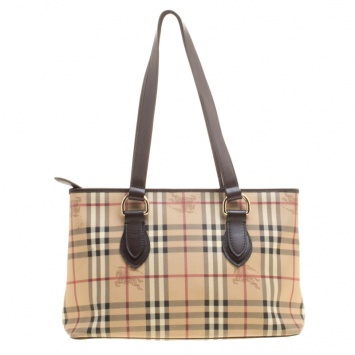 Pre Owned Burberry Beige/ Dark Brown Haymarket Check PVC and Leather Regent Tote