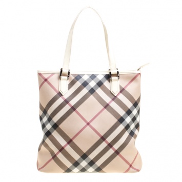 Pre Owned Burberry Beige/White Nova Check PVC Tote