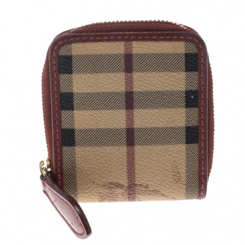 Pre Owned Burberry Red/Beige Haymarket Check Coated Canvas Coin Purse