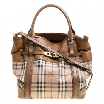 Pre Owned Burberry Beige/Tan Haymarket Check Canvas and Leather Medium Golderton Tote