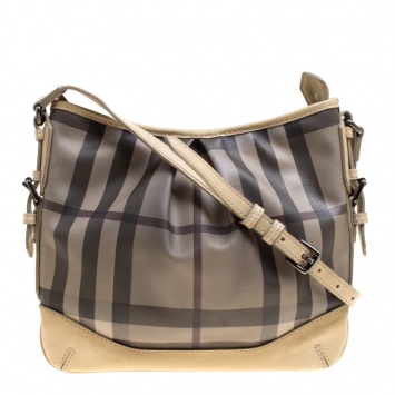 Pre Owned Burberry Beige Smoke Check PVC and Leather Crossbody Bag
