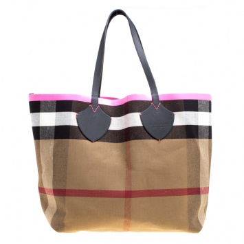 Pre Owned Burberry Black/Neon Pink Canvas And Leather XL Reversible Tote