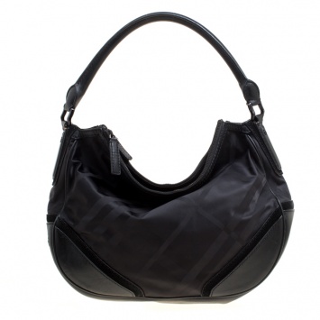 Pre Owned Burberry Black Tonal Check Nylon Medium Maskell Hobo