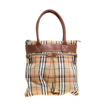 Pre Owned Burberry Multicolor/Brown House Check Canvas and Leather Tote