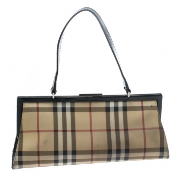 Pre Owned Burberry Beige/Black Nova Check Coated Canvas and Leather Shoulder Bag