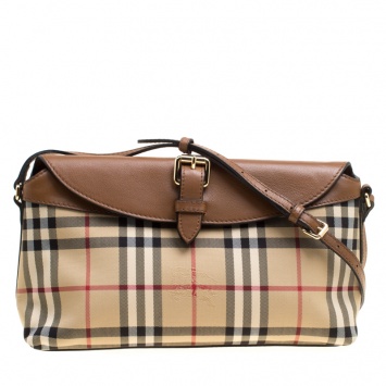 Pre Owned Burberry Beige/Brown Haymarket Check Canvas and Leather Crossbody Bag