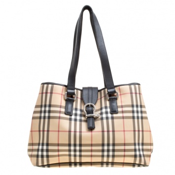 Pre Owned Burberry Beige/Black House Check PVC and Leather Diaper Tote