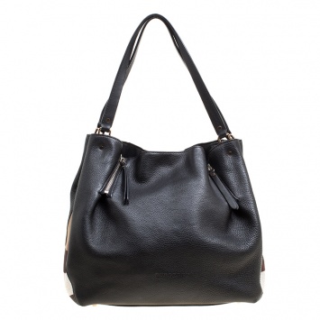 Pre Owned Burberry Black Textured Leather and Nova Check Canvas Zip Detail Tote
