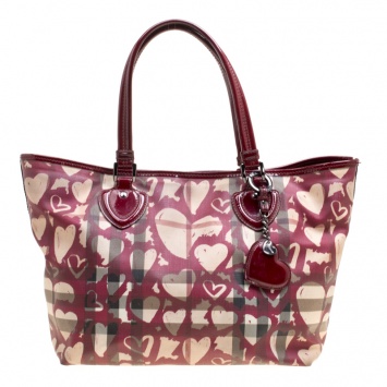 Pre Owned Burberry Burgundy Supernova Heart Check Coated Canvas and Patent Leather Large Tote