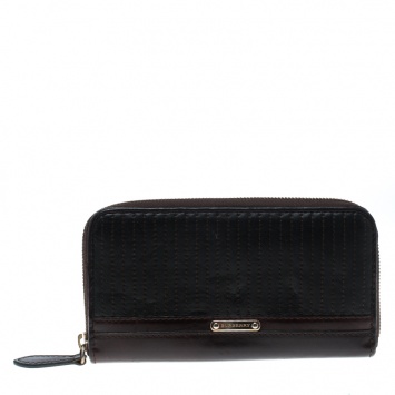 Pre Owned Burberry Dark Brown Striped Leather Zip Around Wallet