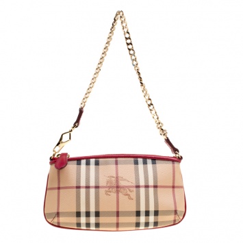 Pre Owned Burberry Red/Beige Haymarket Check Coated Canvas Clara Pochette