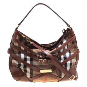 Pre Owned Burberry Brown House Check Canvas and Leather Small Bridle Dutton Hobo