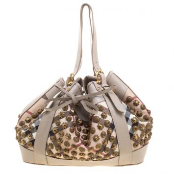 Pre Owned Burberry Beige Supernova Check Vinyl and Leather Studded Tote