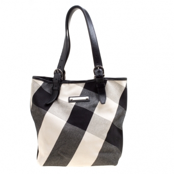 Pre Owned Burberry Black Mega Check Canvas and Leather Tote