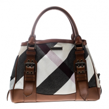 Pre Owned Burberry Multicolor/Brown Canvas and Leather Mega Check Tote
