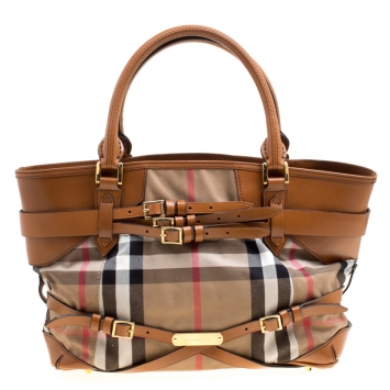 Pre Owned Burberry Brown House Check Canvas and Leather Medium Bridle Lynher Tote
