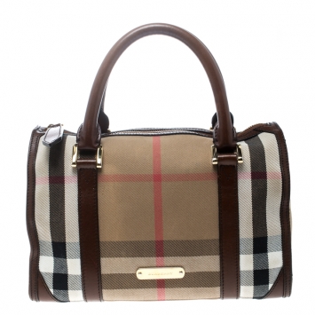 Pre Owned Burberry Beige/Brown House Check Canvas and Leather Boston Bag
