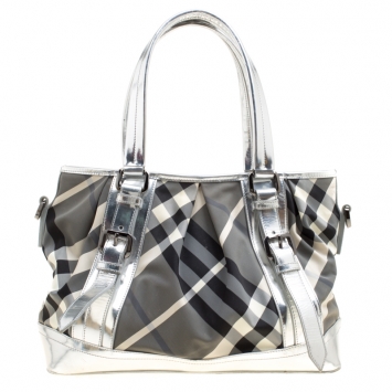 Pre Owned Burberry Silver Beat Check Nylon and Patent Leather Medium Lowry Top Handle Bag
