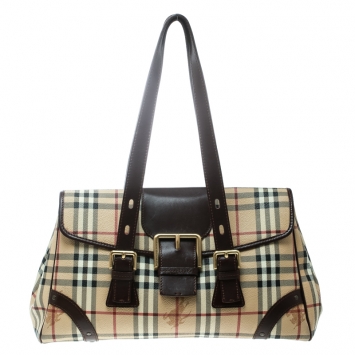 Pre Owned Burberry Beige/Brown Haymarket Check Canvas and Leather Satchel