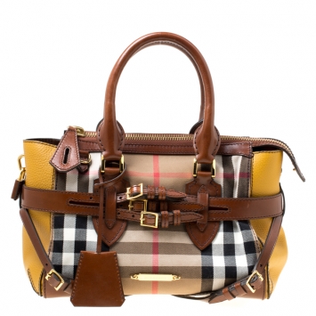 Pre Owned Burberry Brown/Yellow House Check Fabric and Leather Gladstone Tote