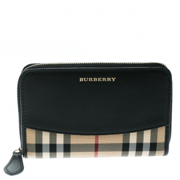 Pre Owned Burberry Beige/Black Houseferry Check Canvas And Leather Zip Around Wallet