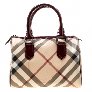 Pre Owned Burberry Burgundy Nova Check PVC Chester Boston Bag