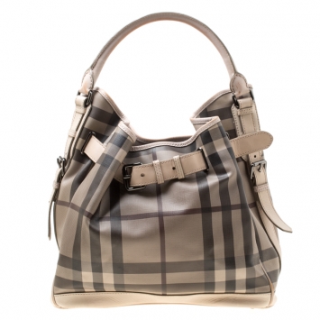 Pre Owned Burberry Beige Smoked Check PVC and Leather Walden Hobo