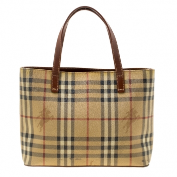 Pre Owned Burberry Brown Haymarket Check Coated Canvas Mini Tote