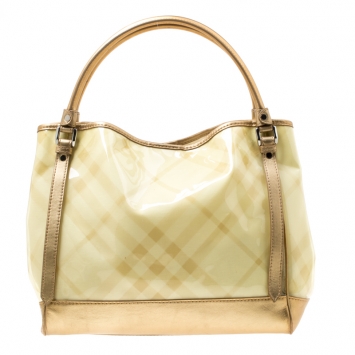 Pre Owned Burberry Cream/Gold Nova Check PVC and Leather Tote