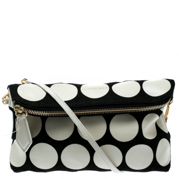Pre Owned Burberry Black/White Canvas and Leather Foldover Crossbody Bag