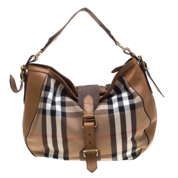Pre Owned Burberry Beige/Brown House Check Canvas and Leather Hobo